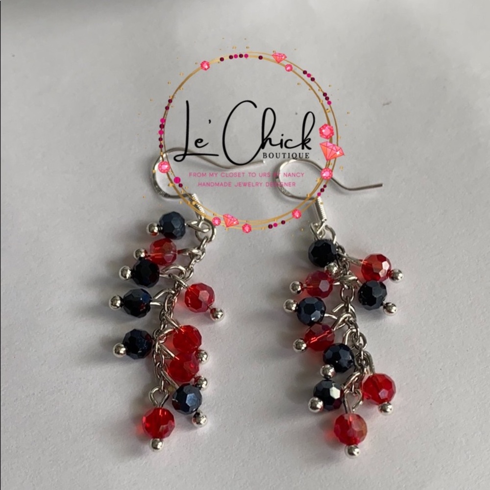 Handmade dangle Silver earrings, Red and black